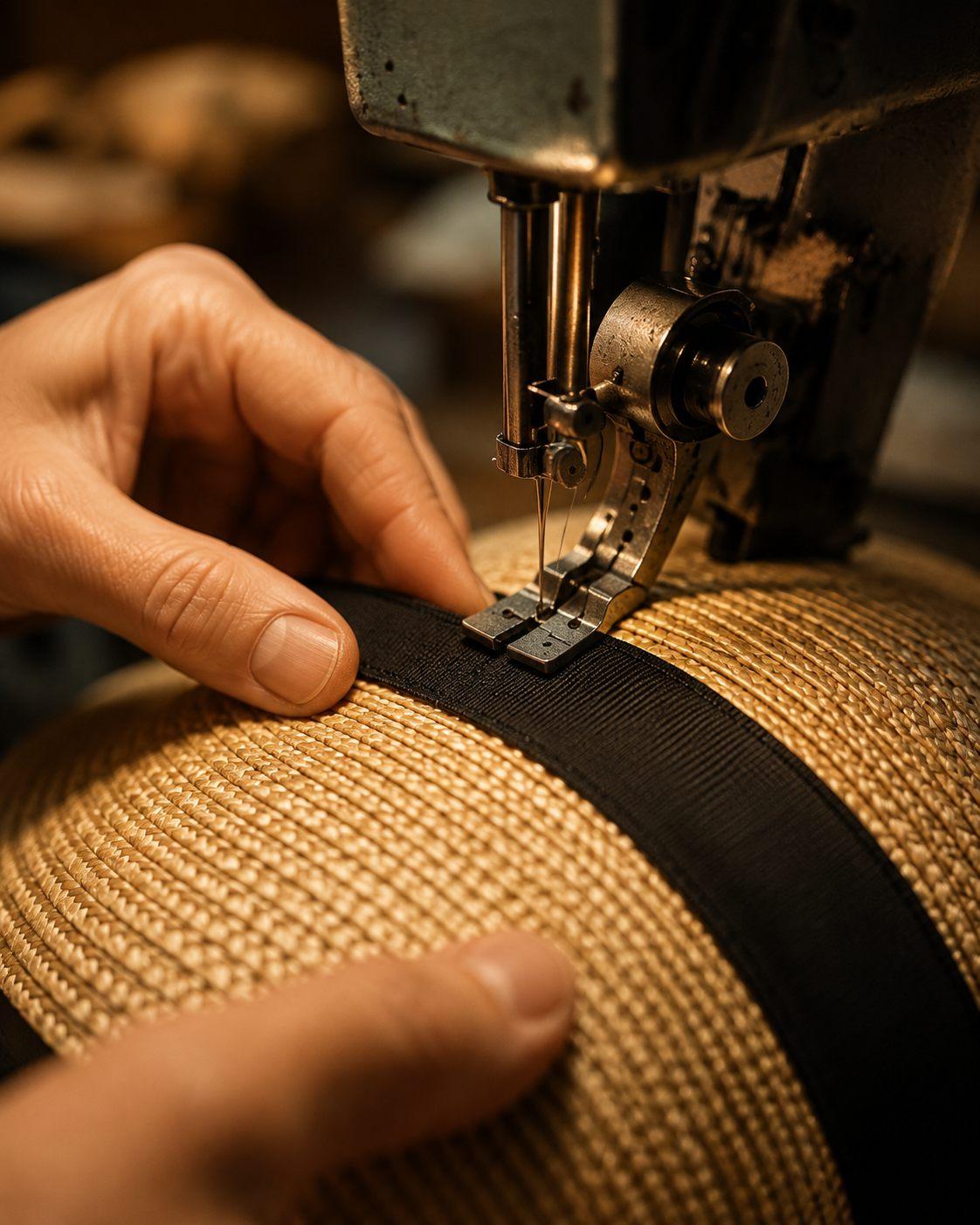 Couture à la machine du gros-grain noir d’un chapeau de paille