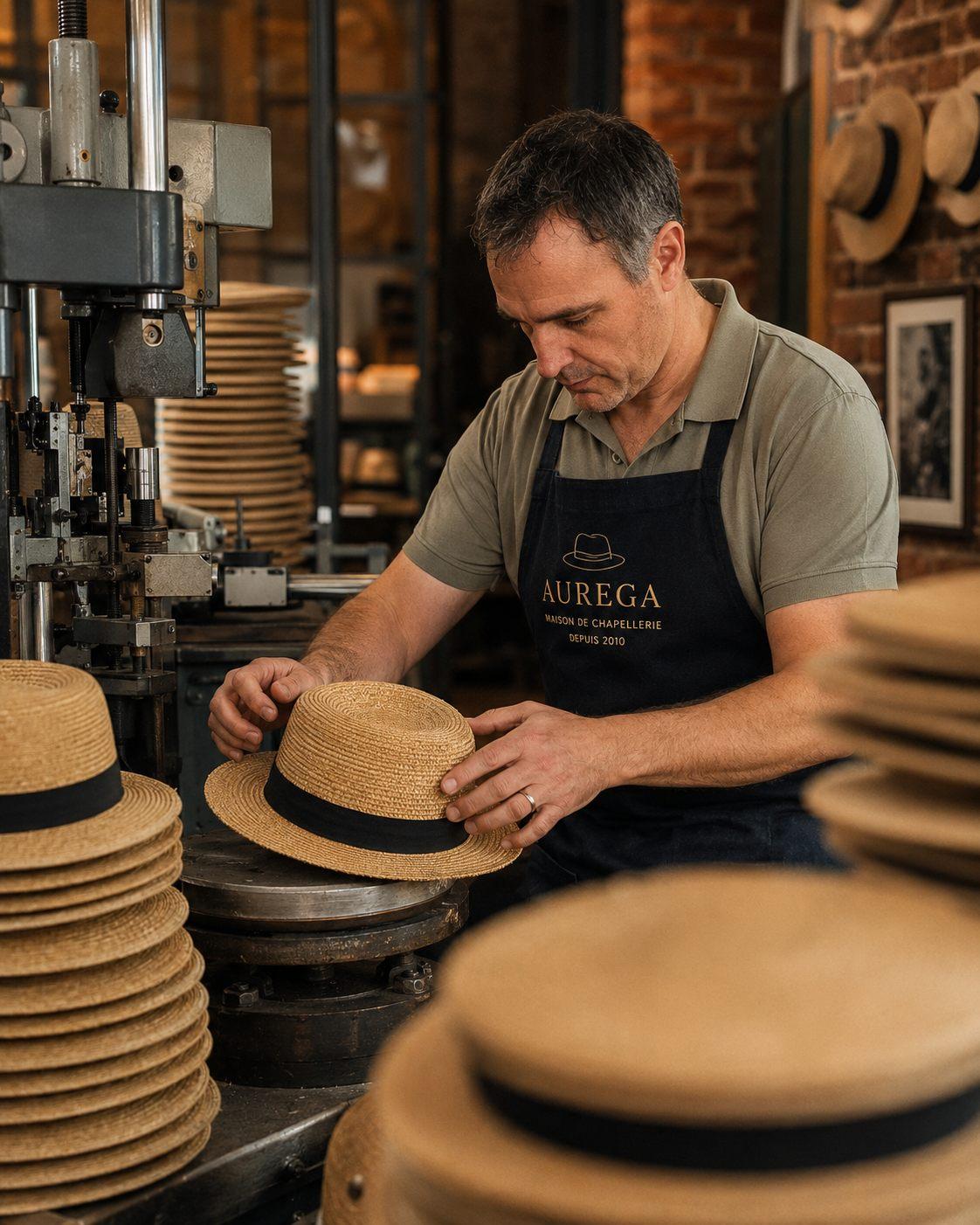 Un artisan en tablier Aurega vérifie un canotier de paille à la machine de conformation