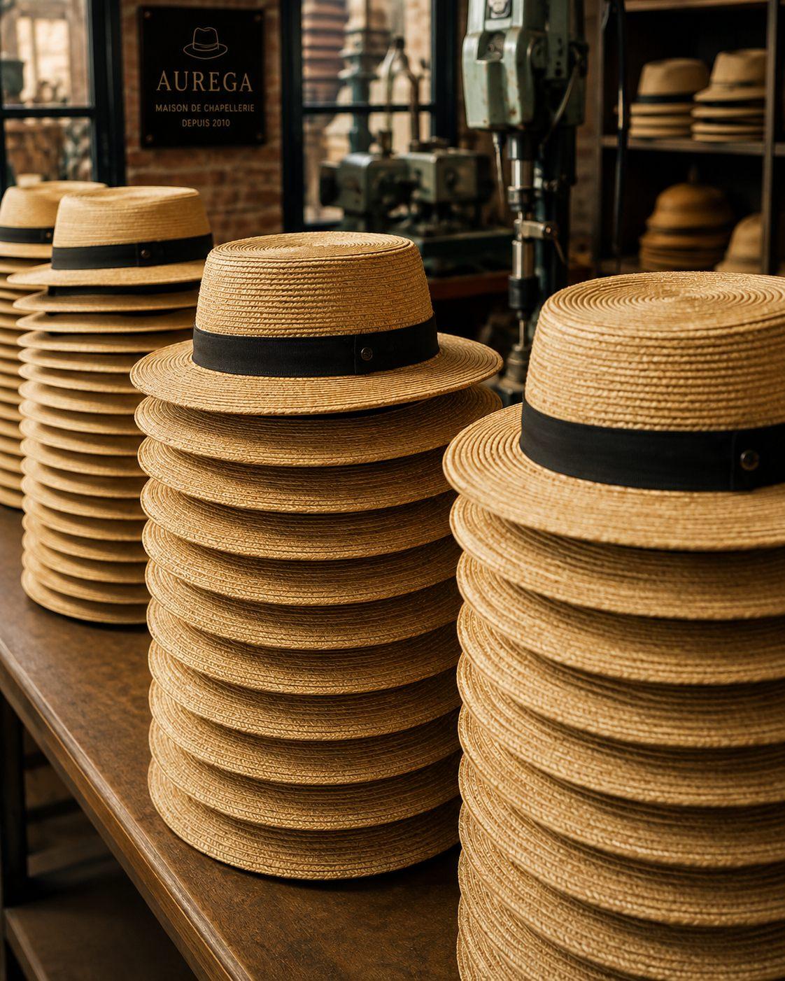 Piles de canotiers de paille sous la plaque Aurega de l’atelier