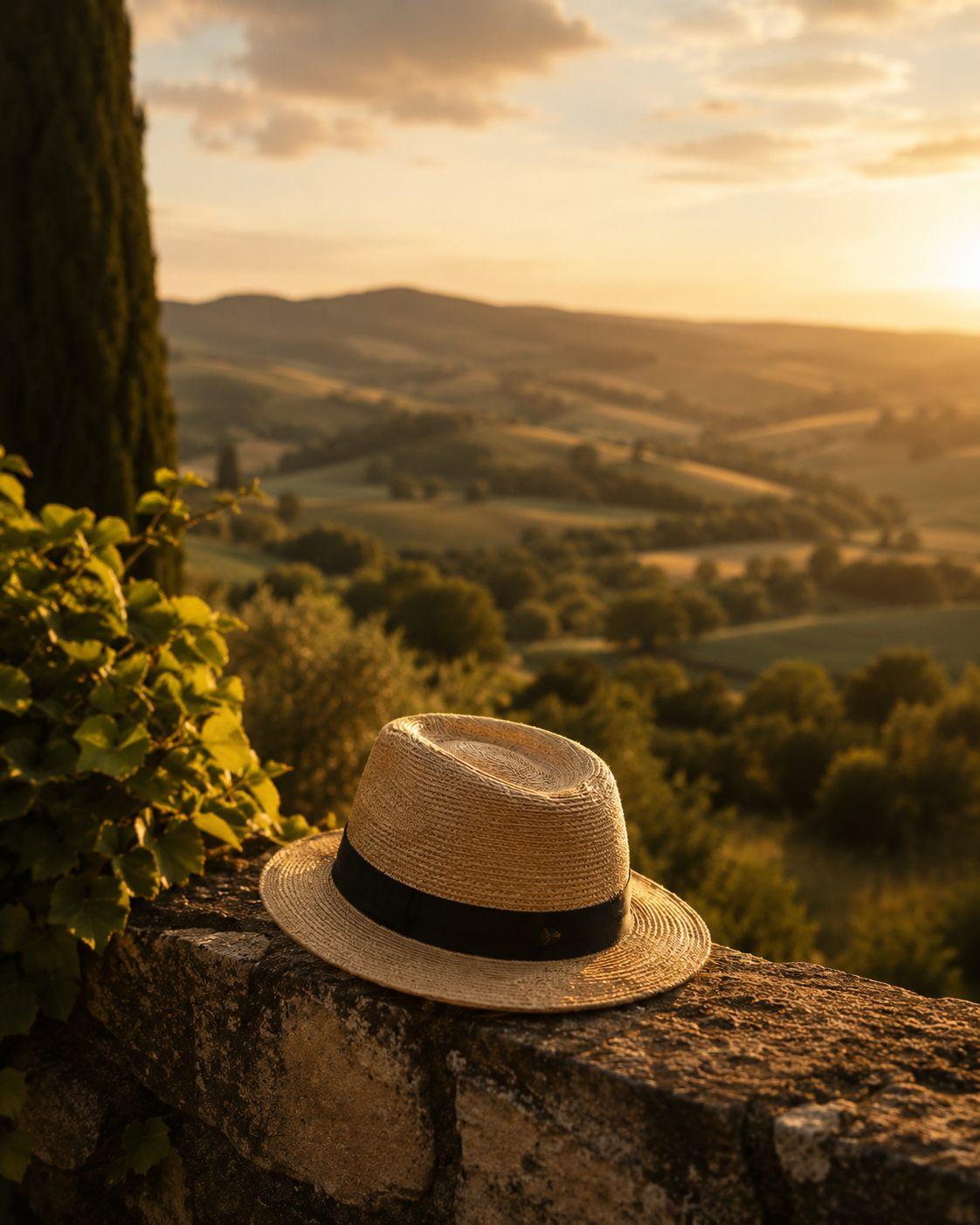 Chapeau de paille posé sur un muret face aux collines du Tarn-et-Garonne