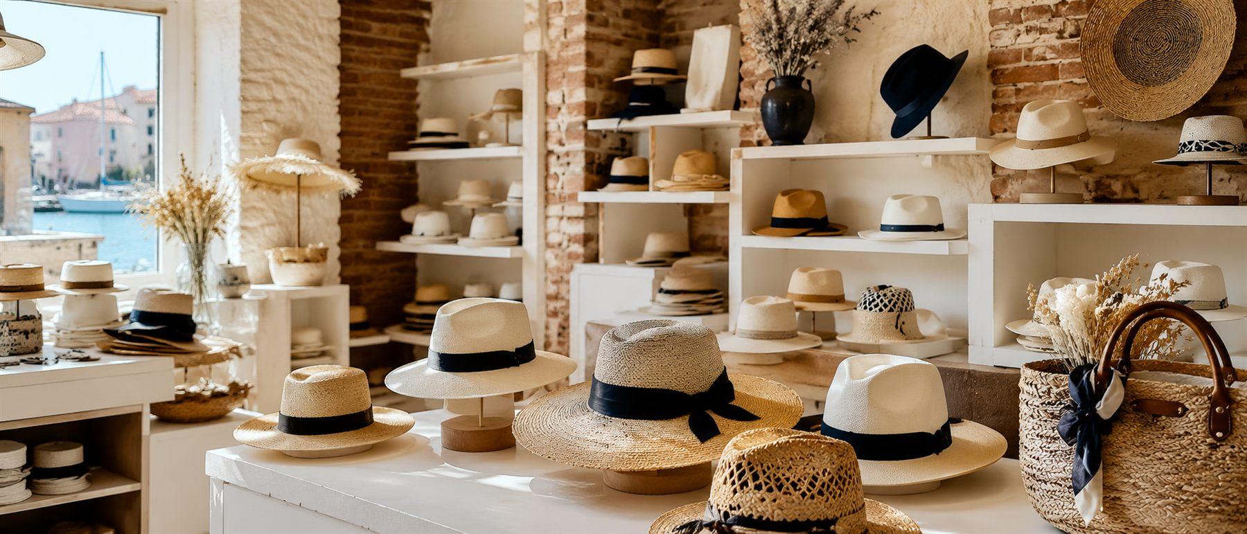 Boutique lumineuse aux murs blancs et briques, panamas et chapeaux de paille exposés face au port