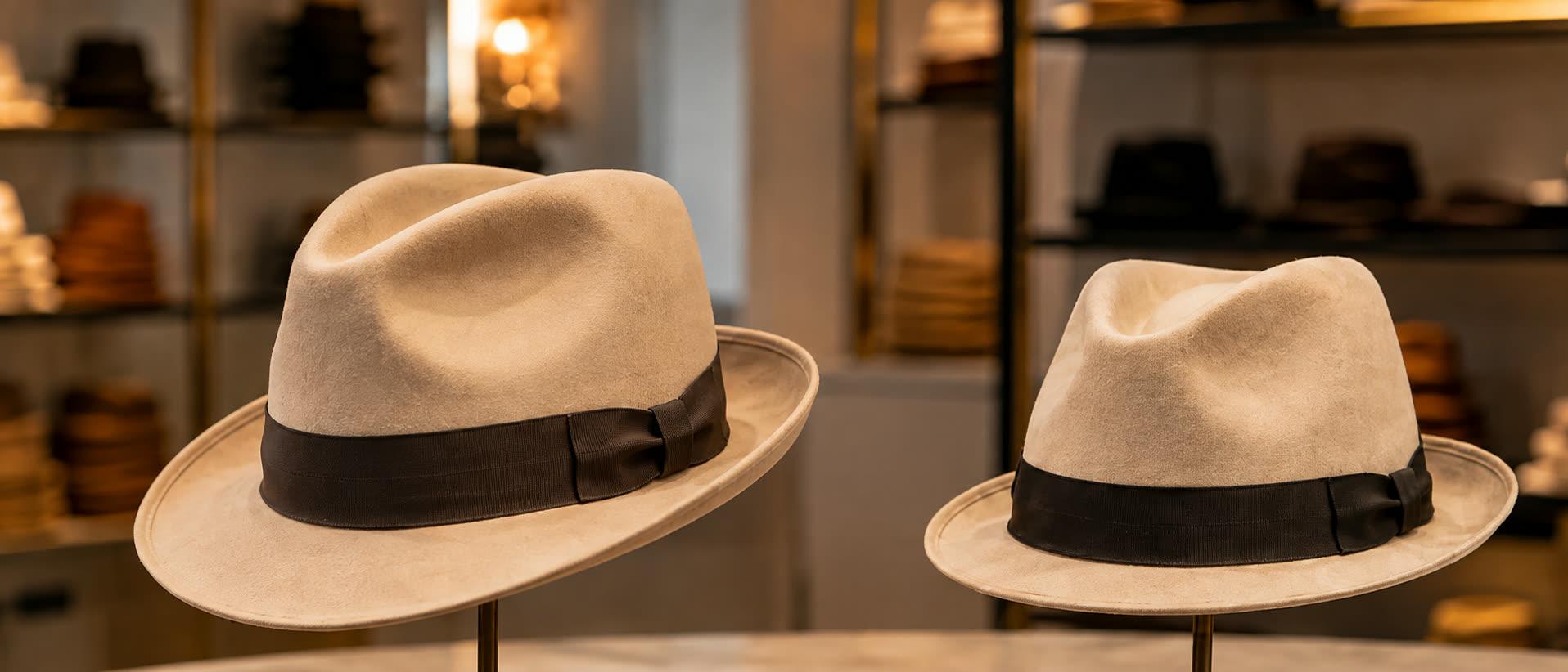Un fedora à grand bord et un trilby à bord court présentés côte à côte sur des porte-chapeaux