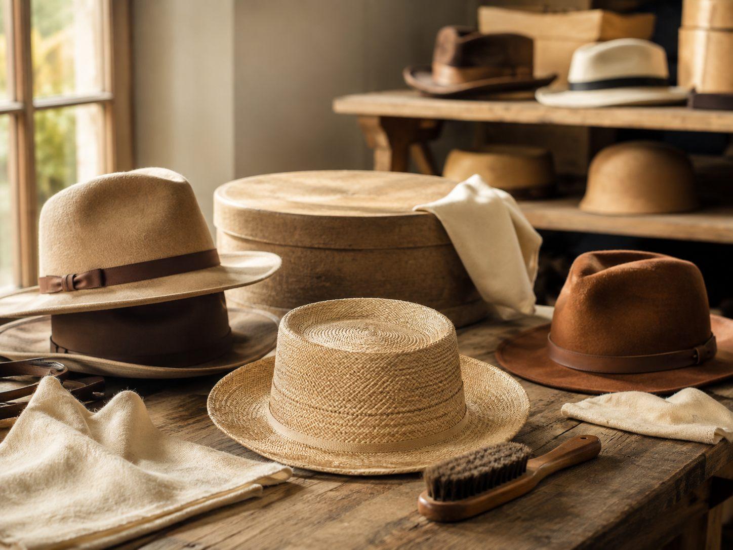 Chapeaux, brosse et chiffon d’entretien réunis sur un établi