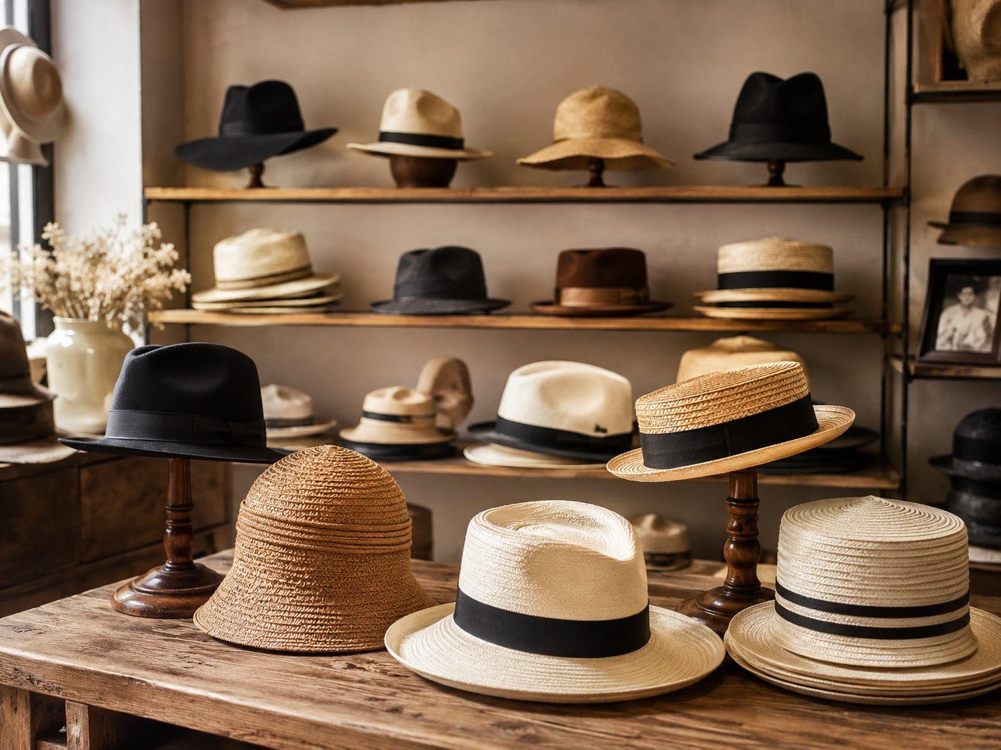 Étagères de chapeaux aux formes variées dans une boutique