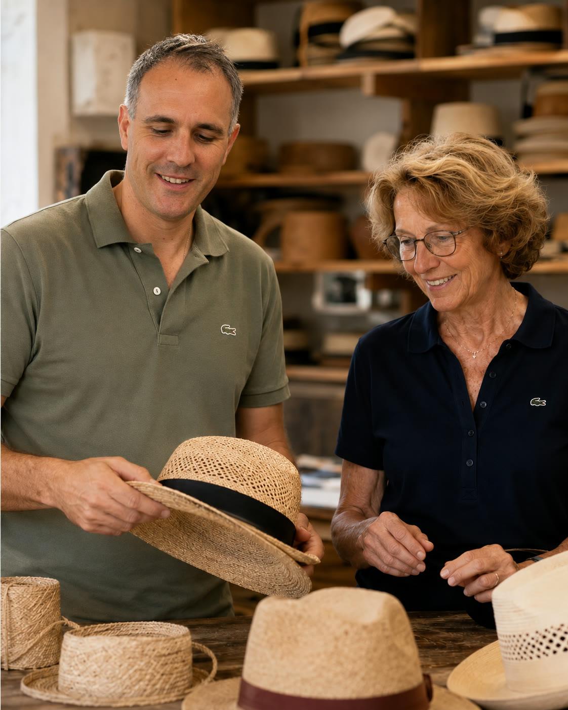 Les fondateurs examinent un chapeau de paille dans l’atelier