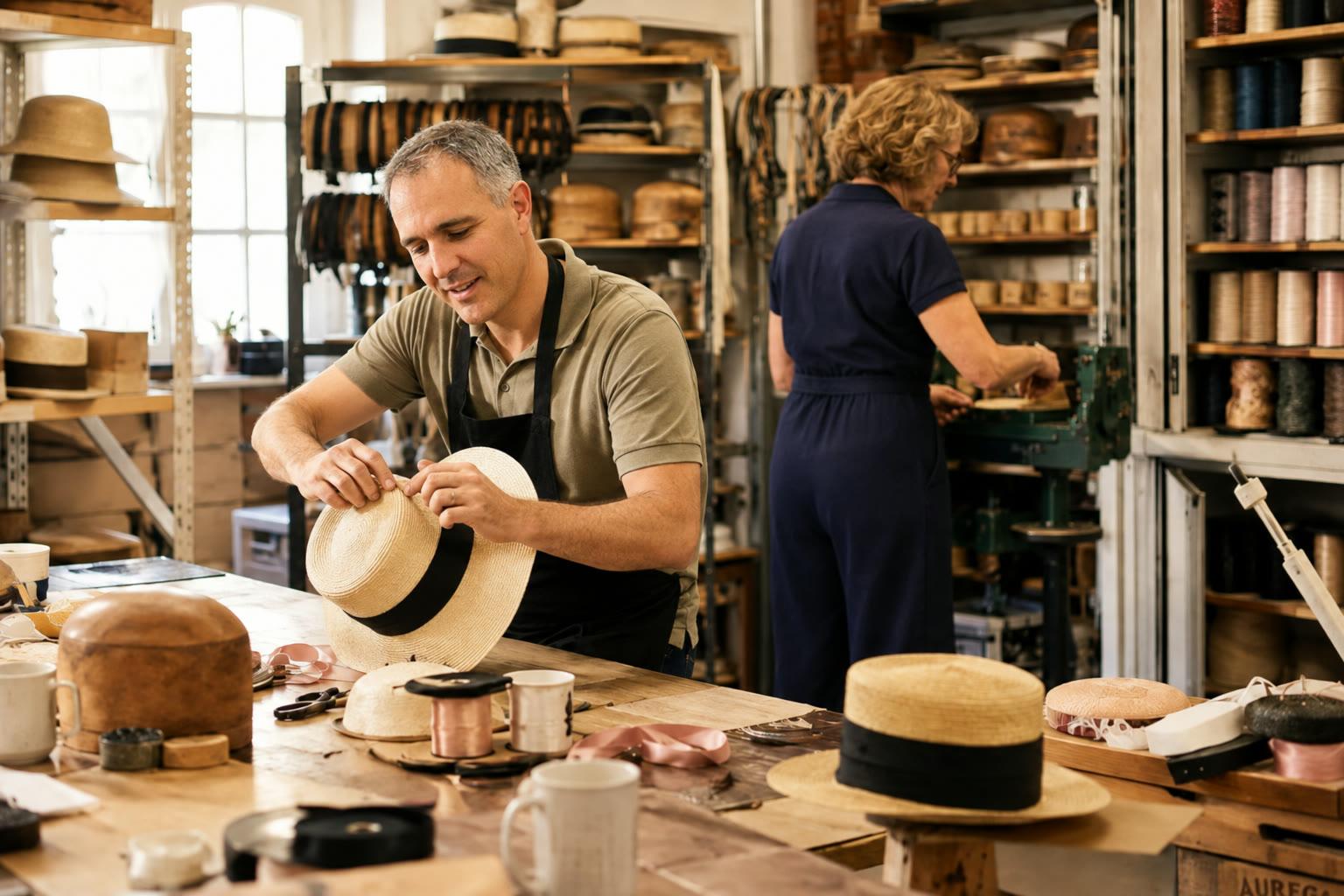 Dans l’atelier, un artisan ajuste le ruban d’un canotier pendant qu’une couturière travaille en arrière-plan.