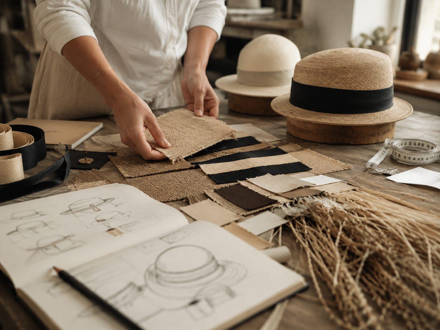 Échantillons de toiles, rubans et croquis de chapeaux réunis sur la table de création.