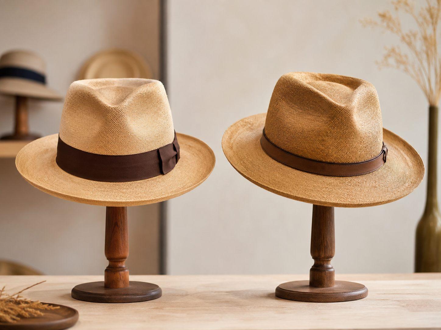 Un fedora et un traveller côte à côte sur leurs porte-chapeaux en bois.