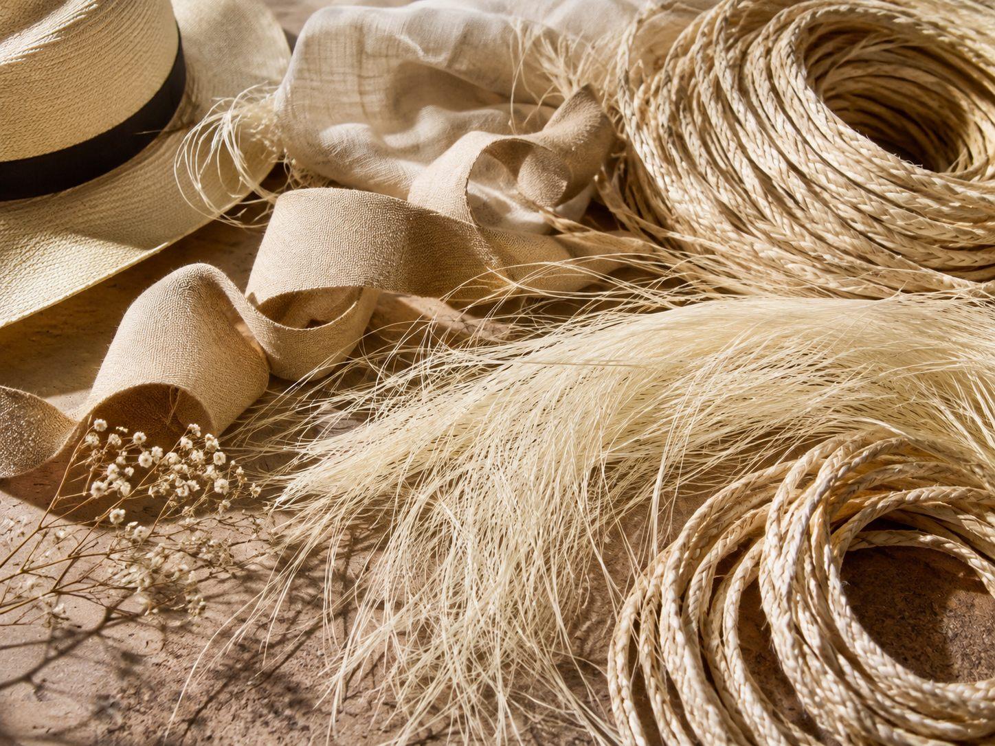 Paja toquilla, tresses de paille, lin et rubans : les fibres de l’été en nature morte.