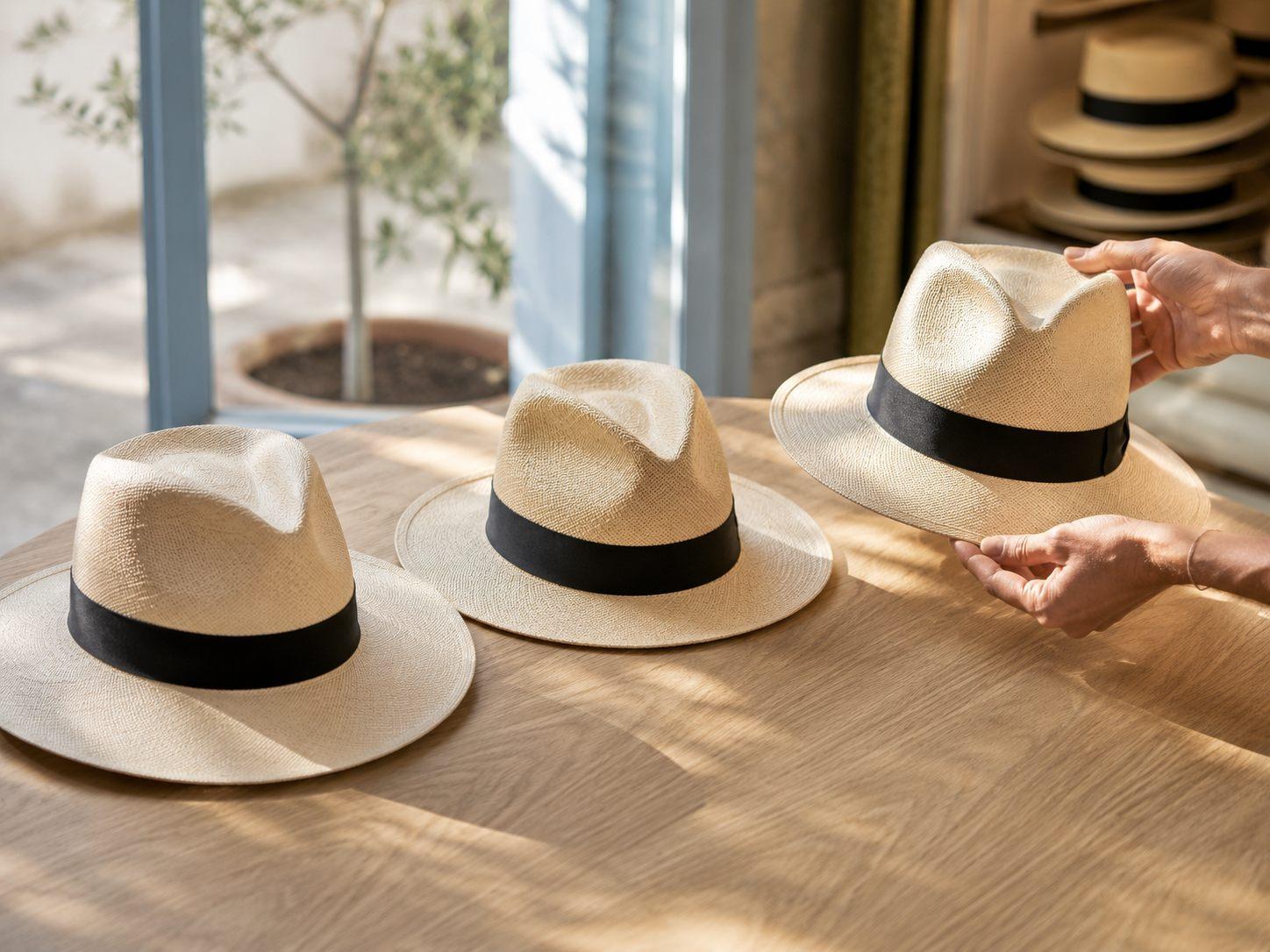 Trois panamas au ruban noir posés sur une table en bois, présentés à la lumière.