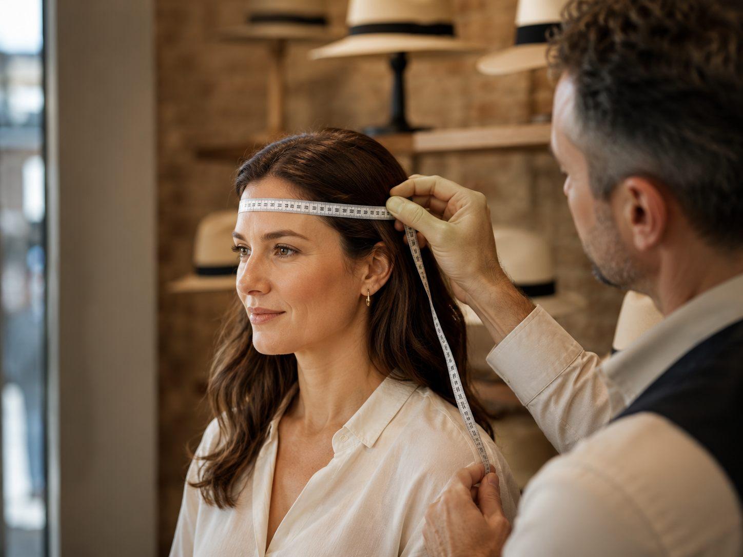 Un chapelier positionne le mètre ruban au-dessus des sourcils d’une cliente pour mesurer son tour de tête