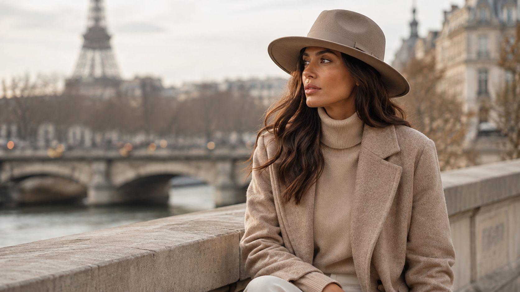 Femme en fedora de feutre taupe et manteau d’hiver devant la Seine et la tour Eiffel